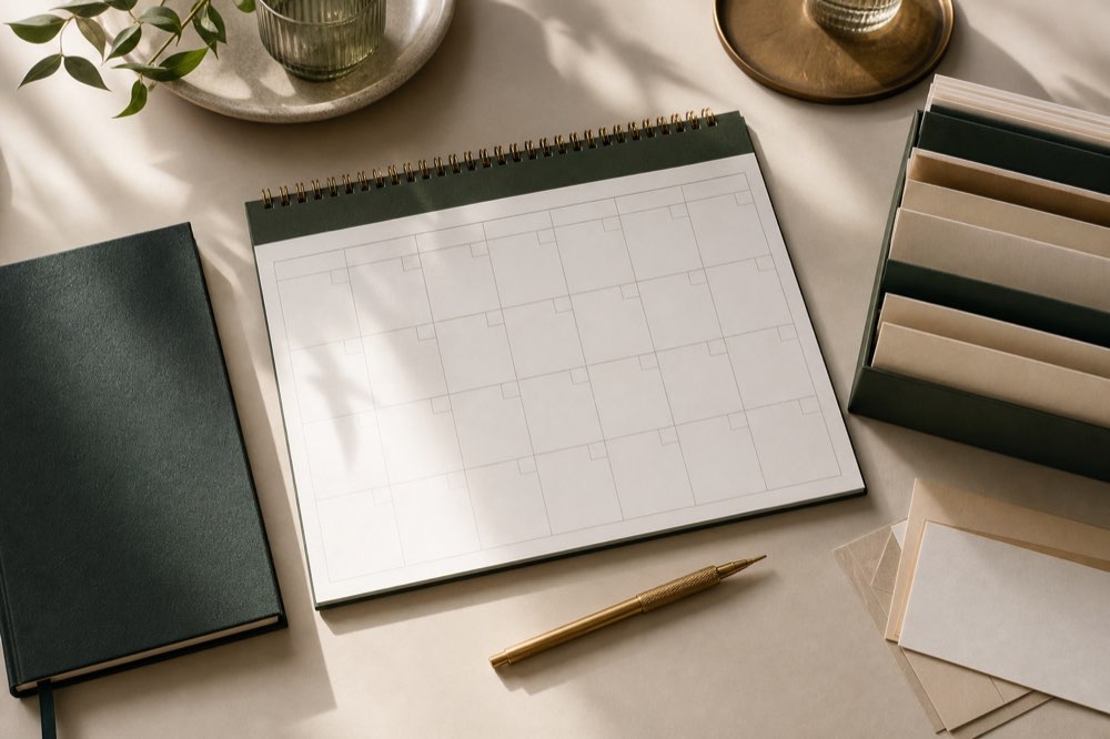 Blank monthly calendar, budgeting notebook and organized envelopes in warm daylight
