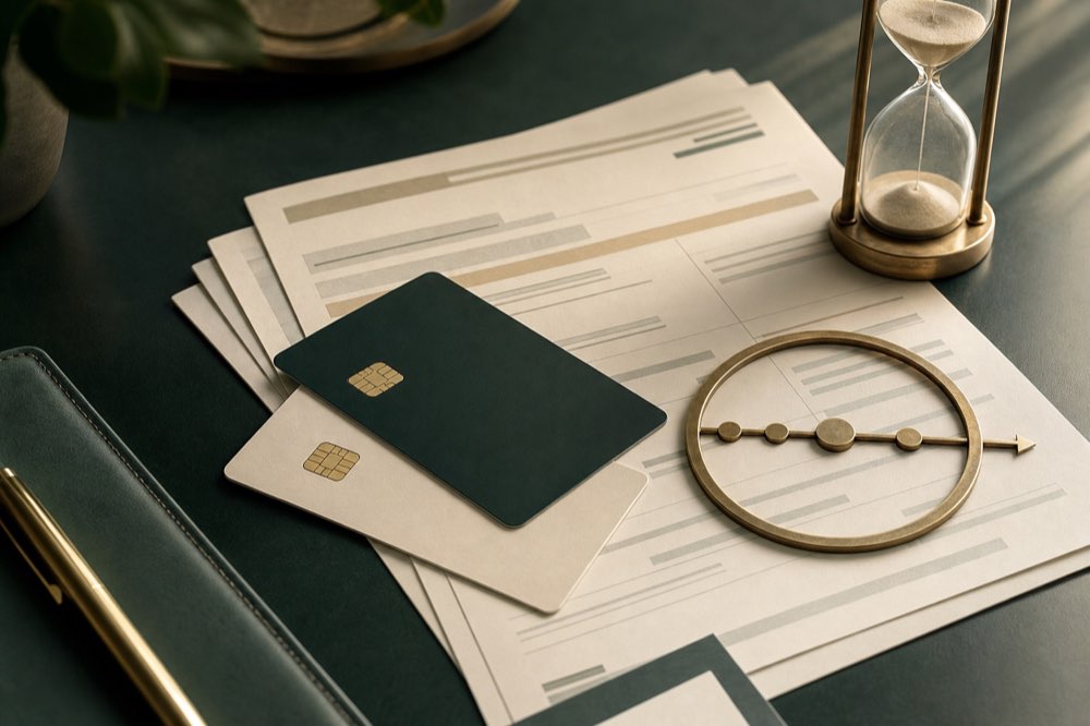 Unbranded payment cards, statement pages and a brass payment timeline