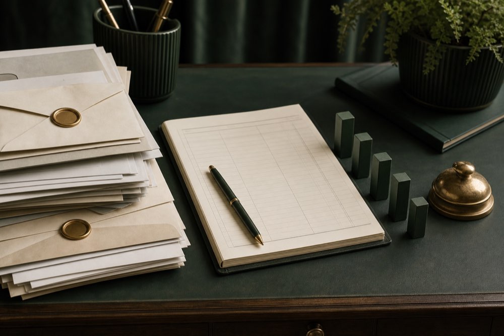 Organized debt ledger, sealed letters and descending balance markers