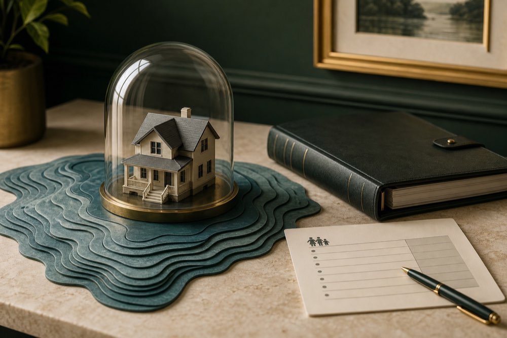 Home model under a glass canopy beside flood-risk contours and planning documents