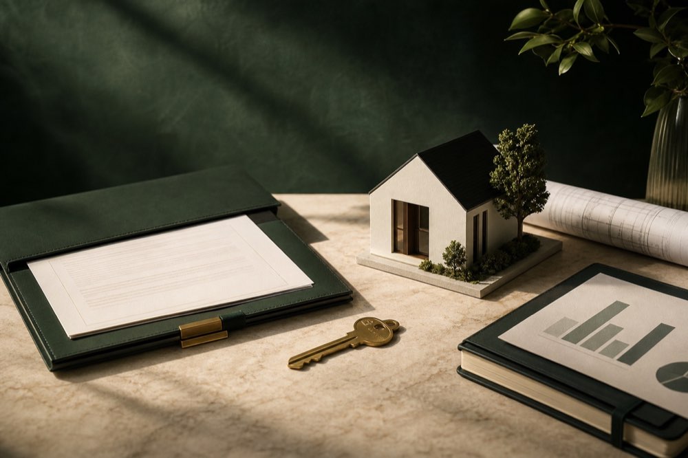 Architectural house model, closing folder, blueprint and brass key