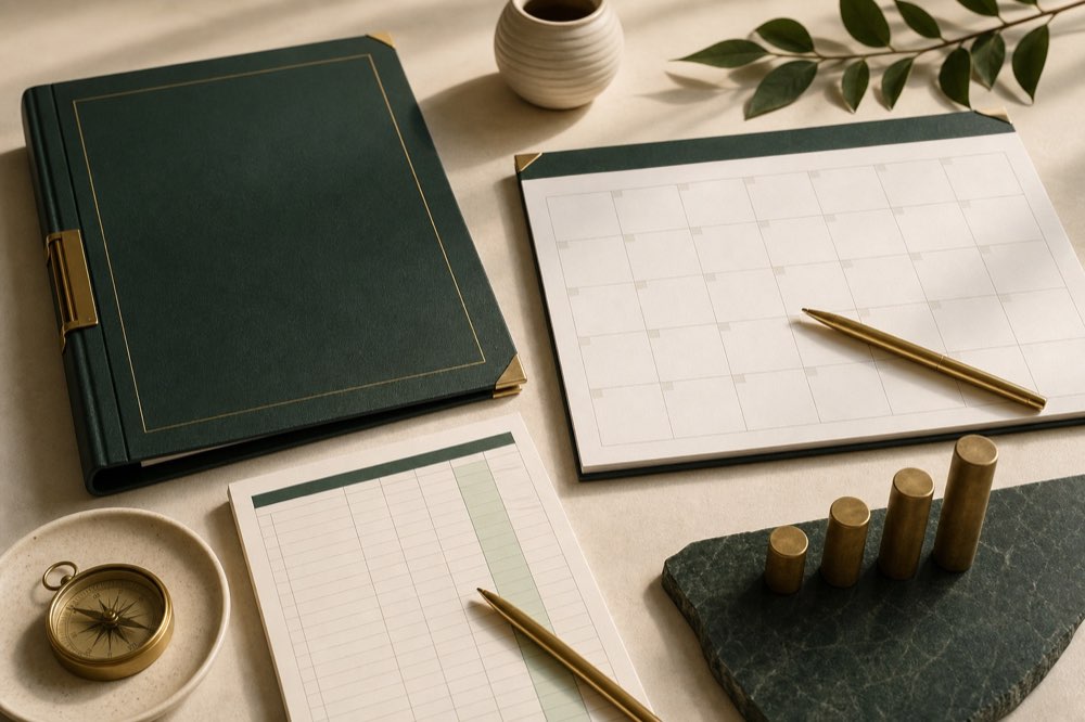 Retirement plan folder, blank calendar, contribution ledger and brass compass