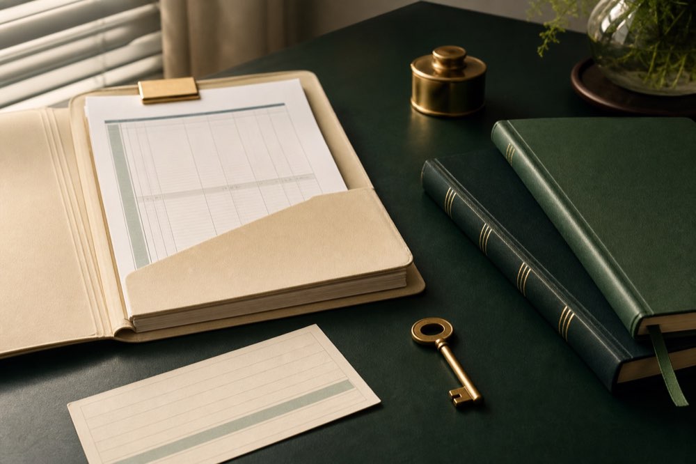 Bank statement folder, account ledgers and brass key on a forest-green desk