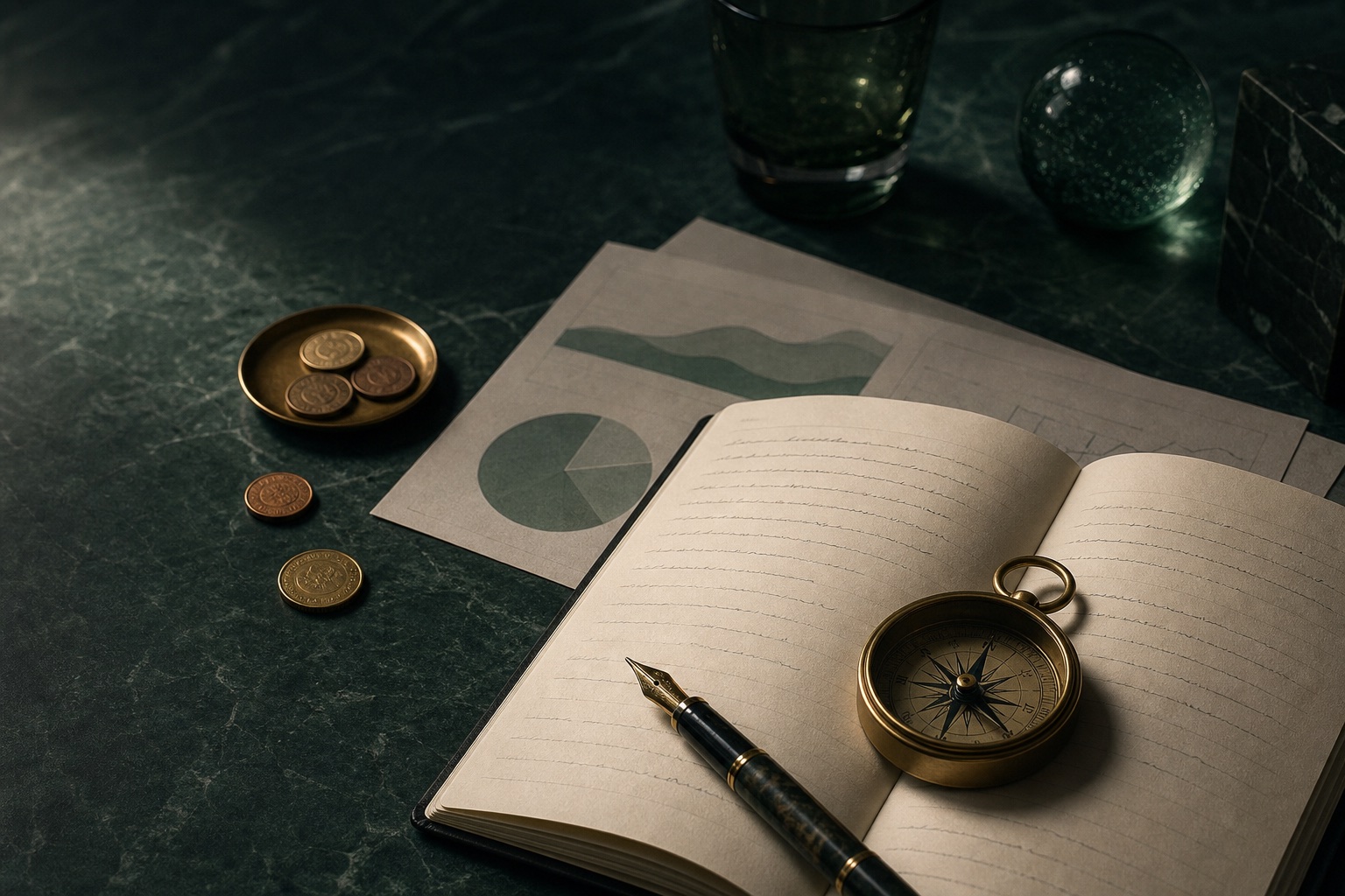 Editorial finance desk with notebook, charts, coins and compass