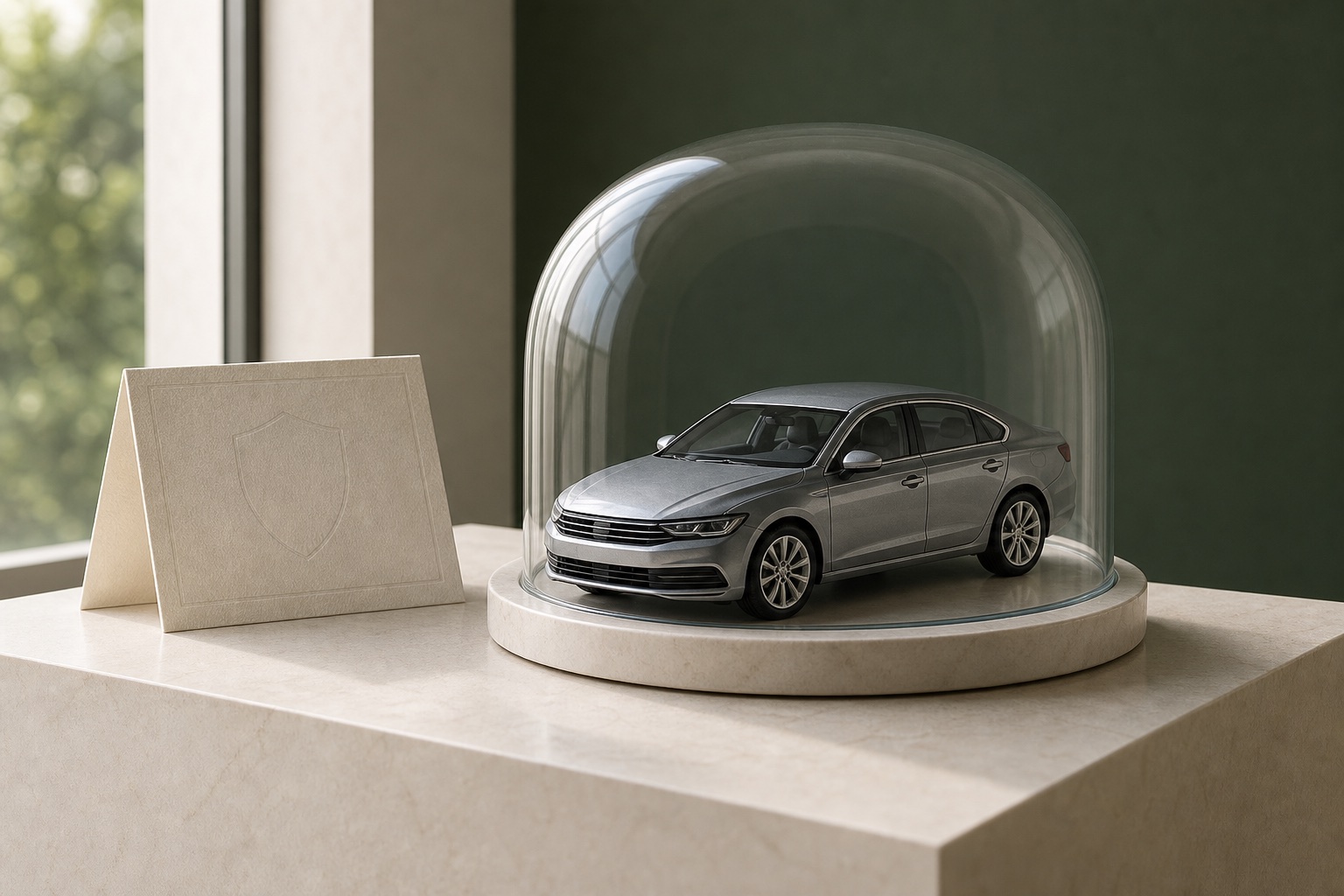 Unbranded sedan model protected beneath a clear glass form