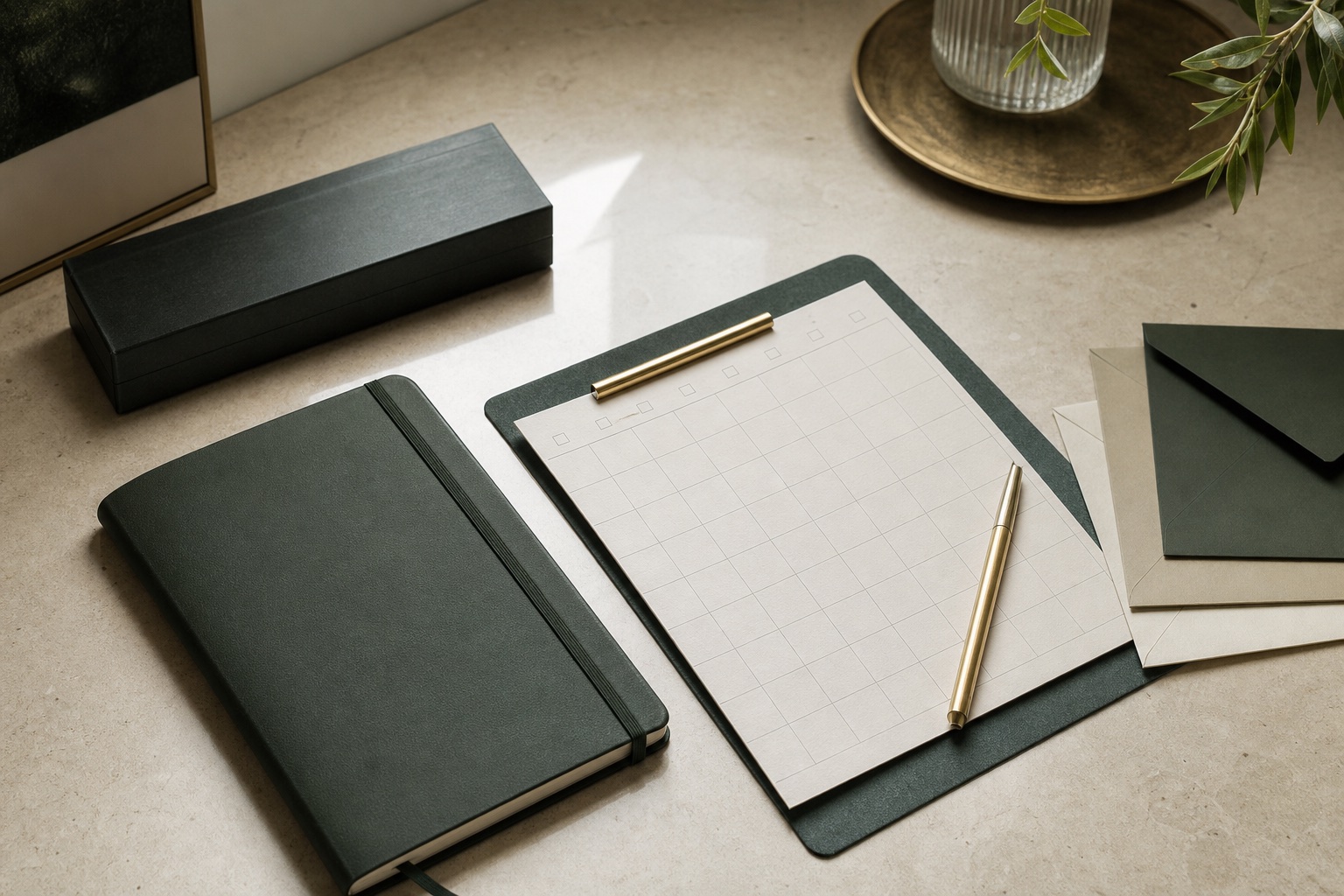 Forest-green budgeting notebook, blank calendar sheet and organized envelopes