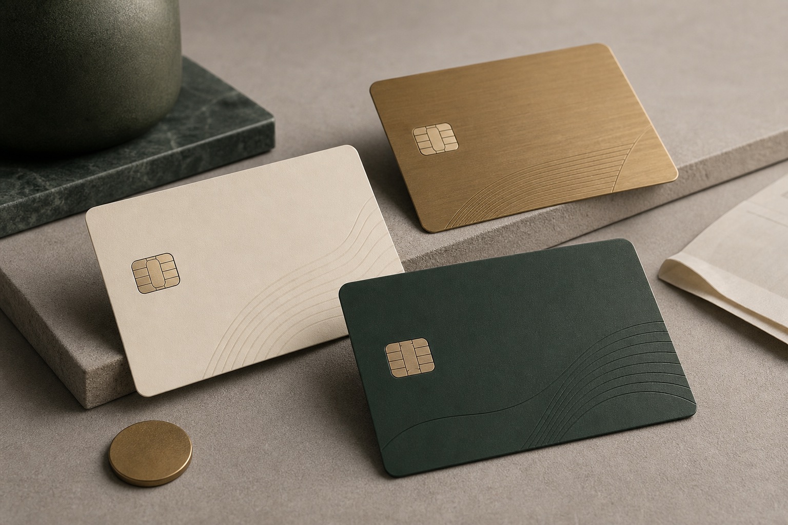 Three unbranded payment cards arranged on a refined neutral surface