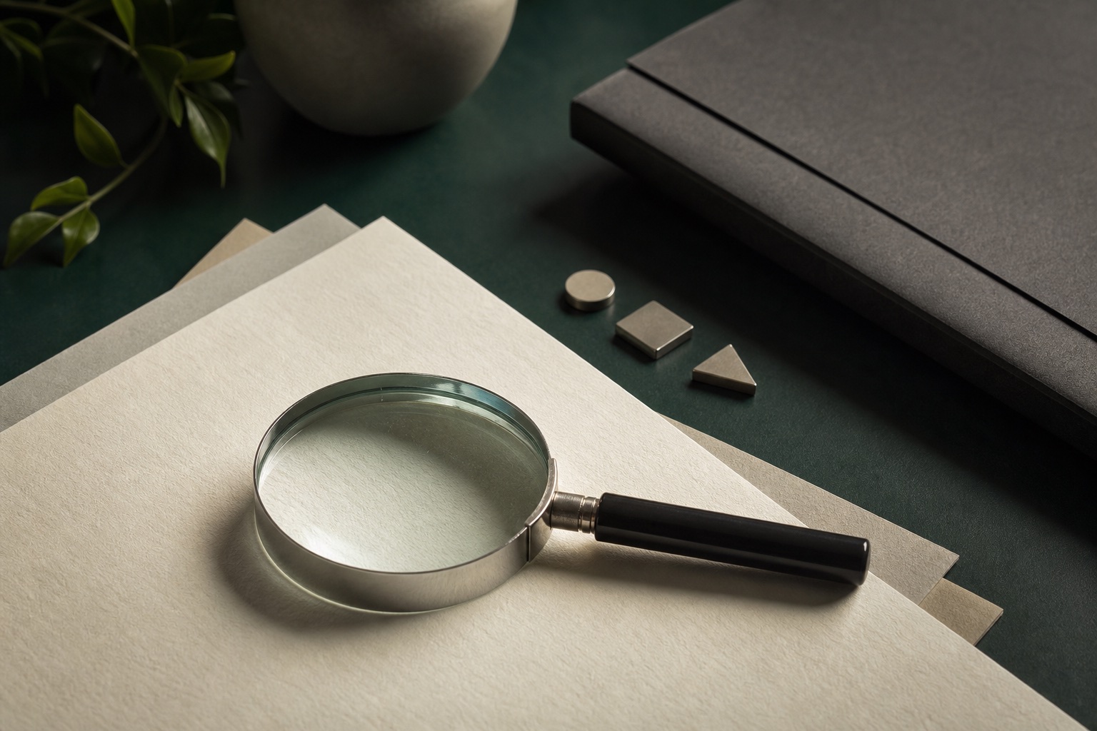 Magnifying glass over neutral paper sheets on a dark green editorial desk
