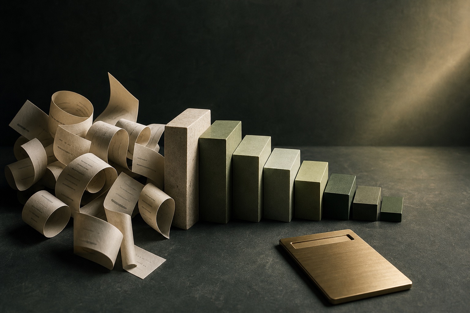 Disordered paper forms becoming a clear descending sequence of blocks