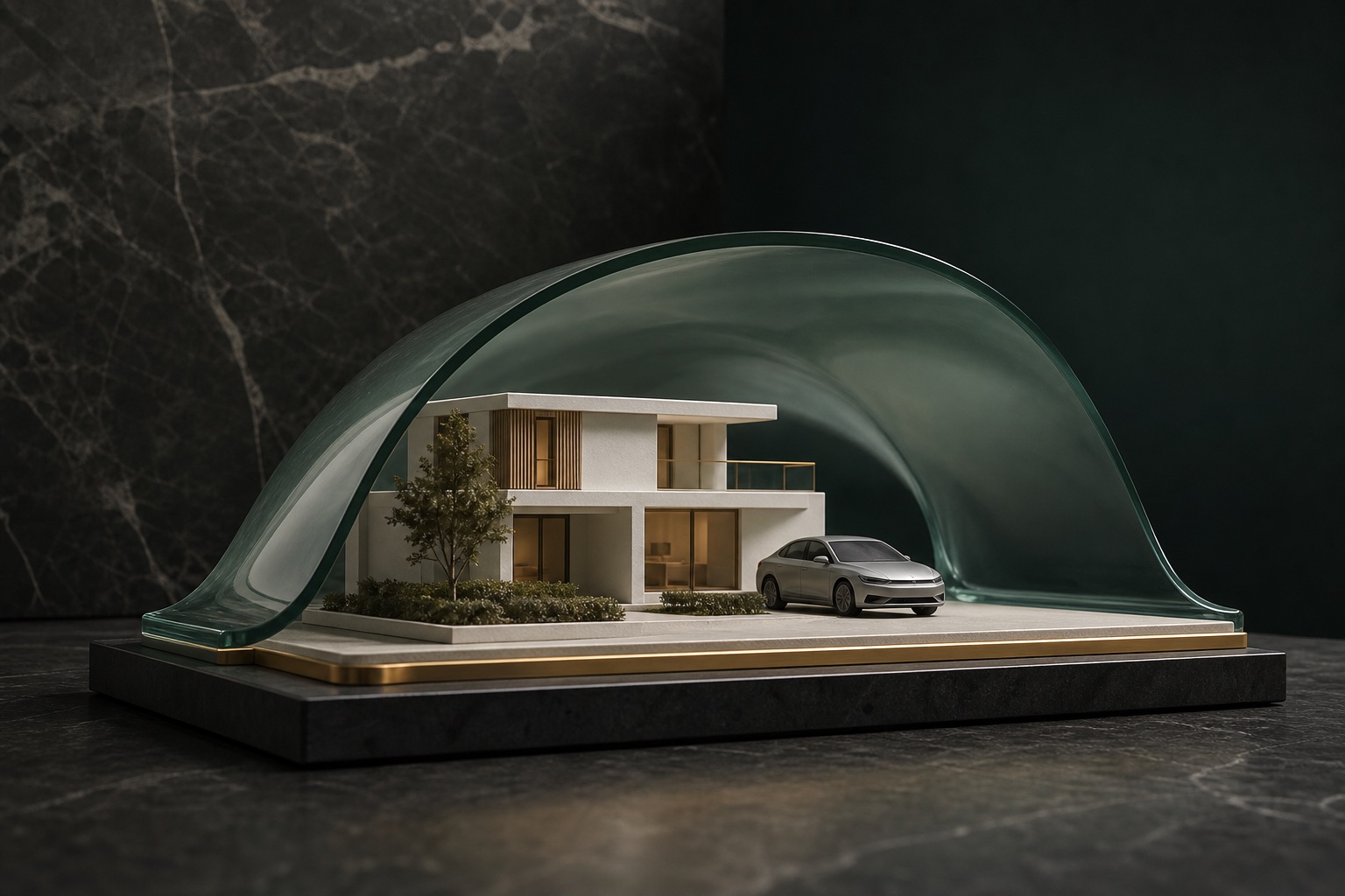 Modern home and car models protected beneath a clear architectural canopy