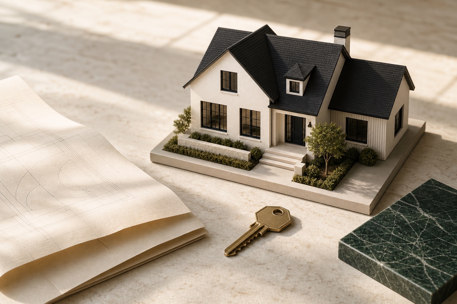 Architectural house model, blueprint and key on a neutral surface
