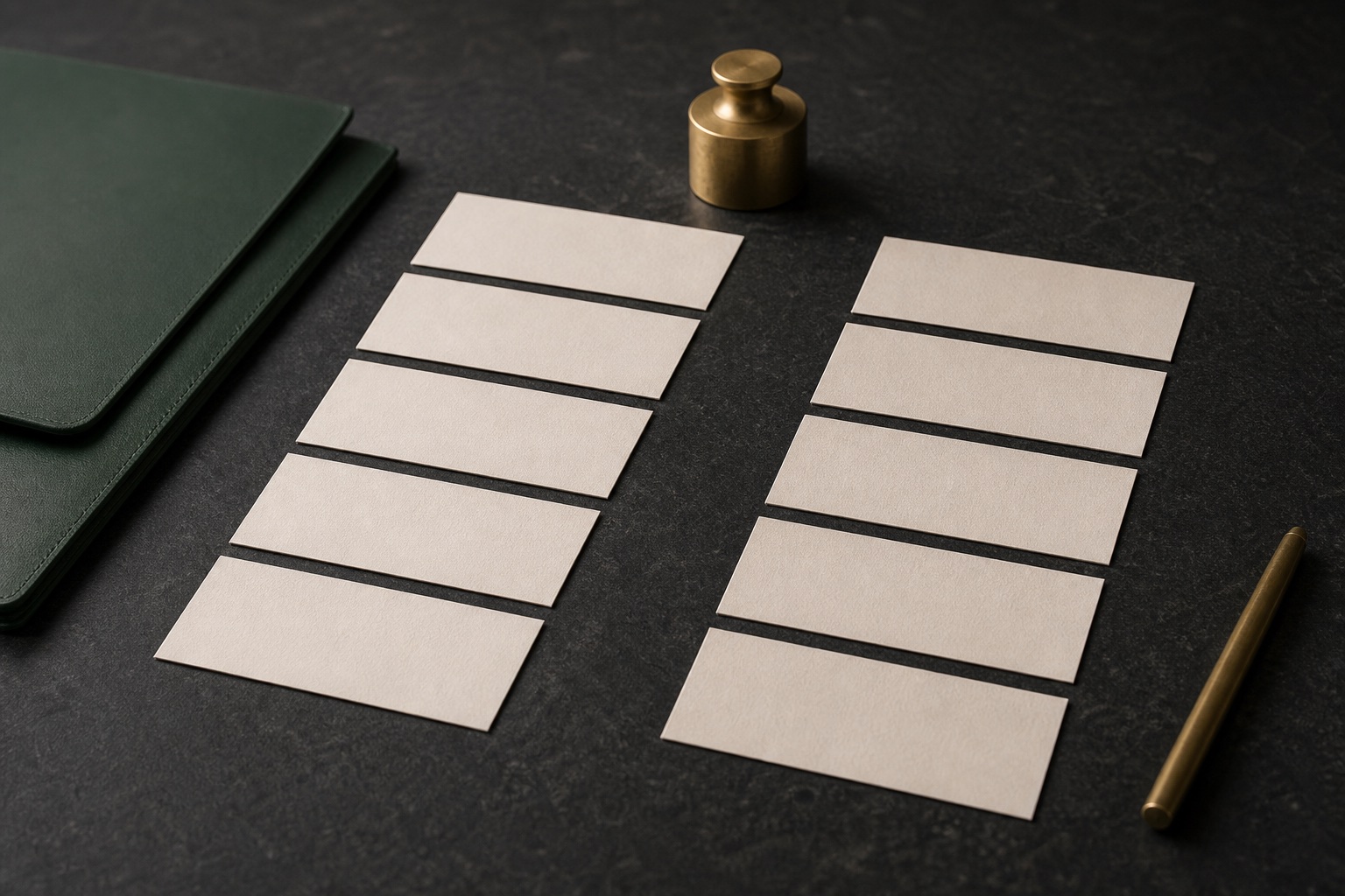 Two ordered rows of blank comparison cards beside a brass balance weight