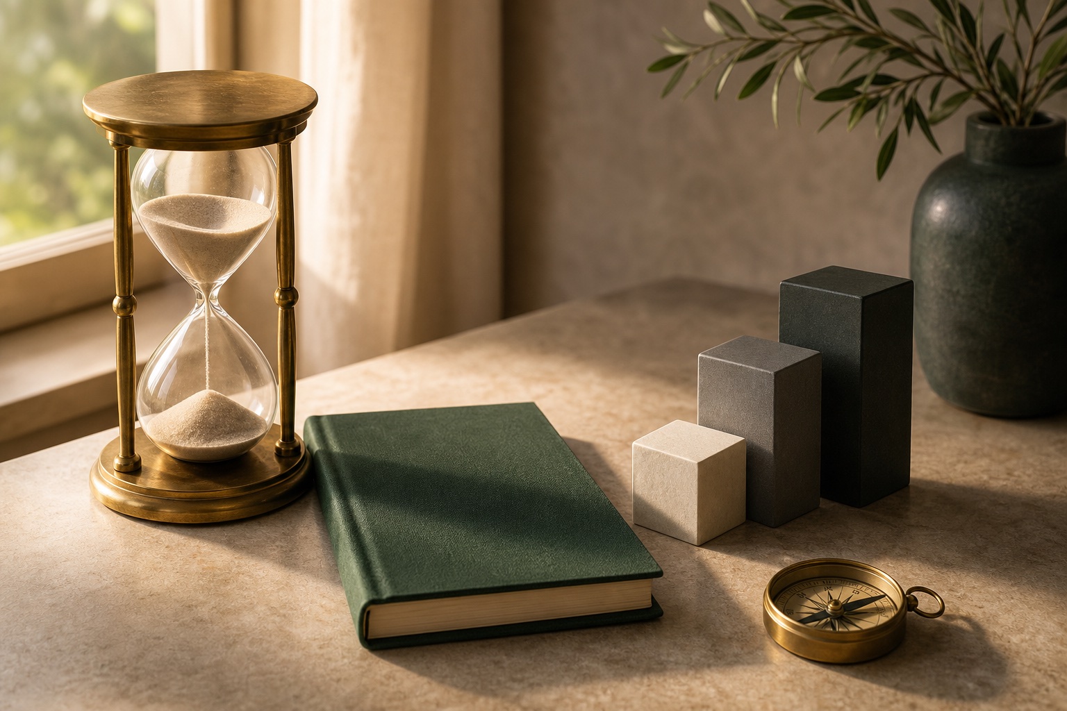 Brass hourglass, green planning book, compass and ascending blocks