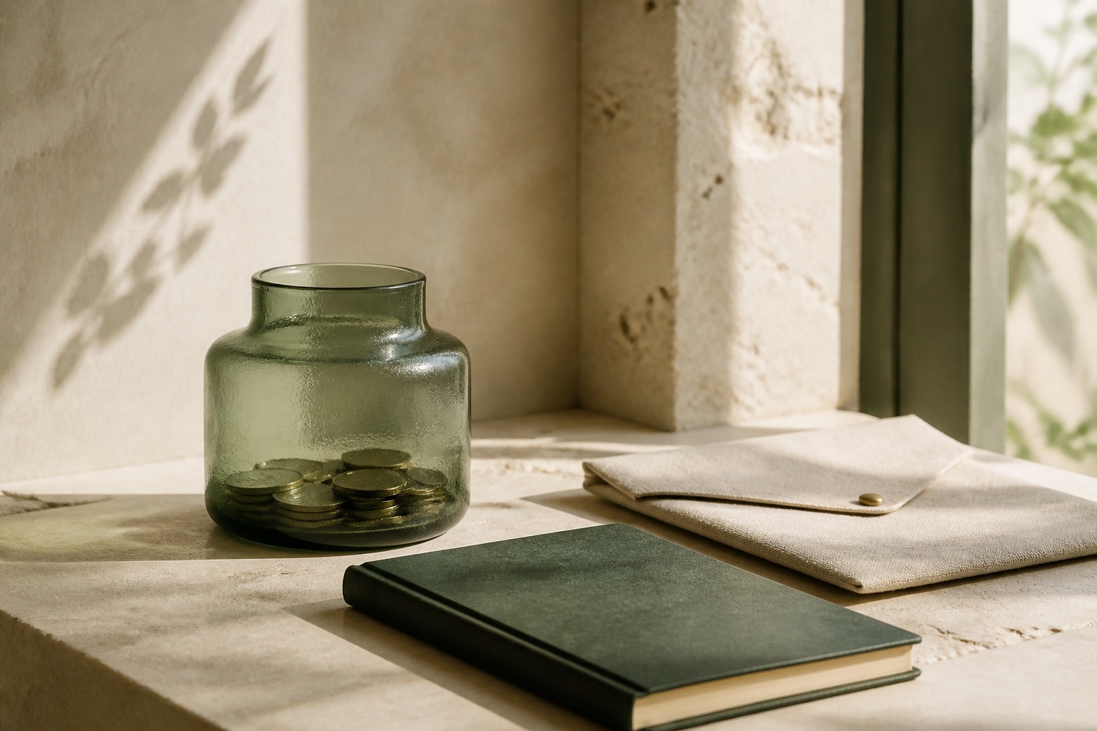 Savings planning still life with a glass savings vessel and notebook